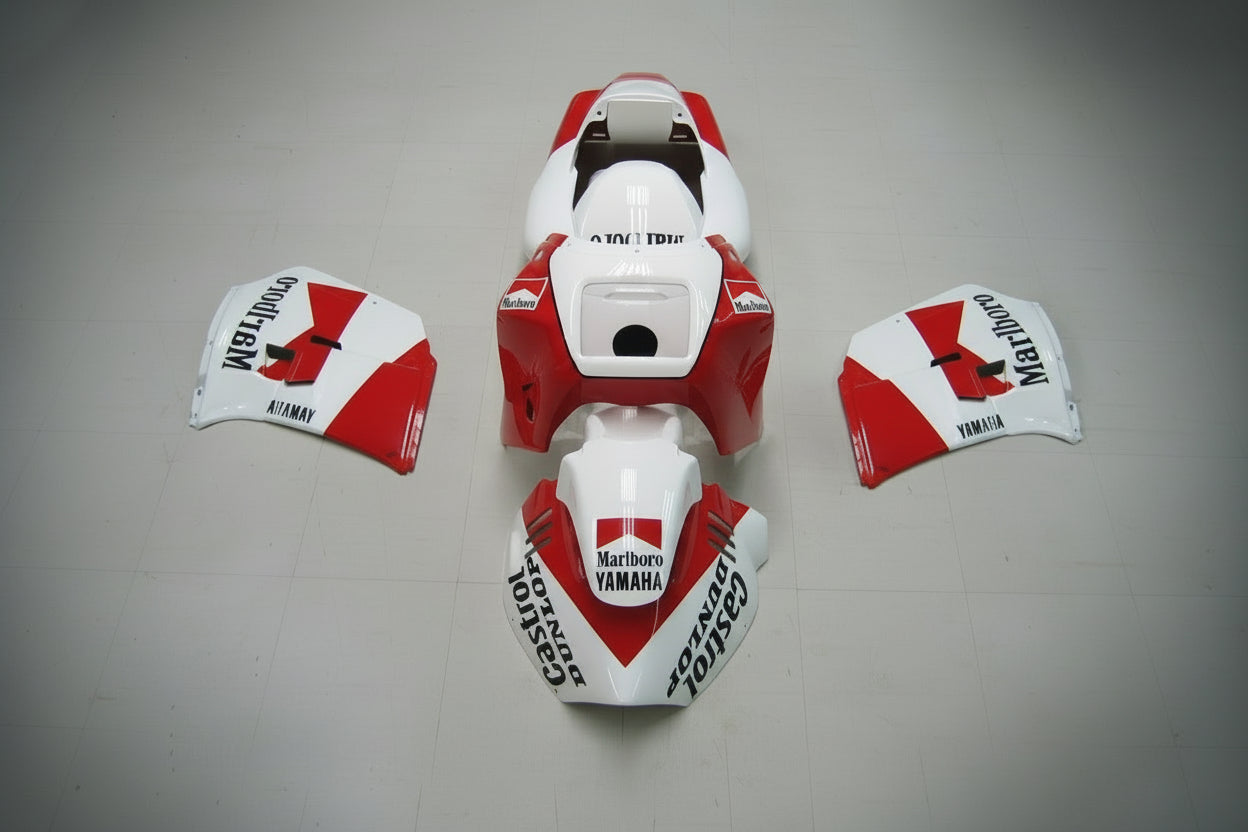Motorcycle bodywork with Marlboro and Yamaha branding on a gray background
