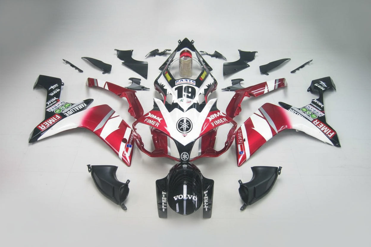 Motorcycle bodywork with branding on a gray background