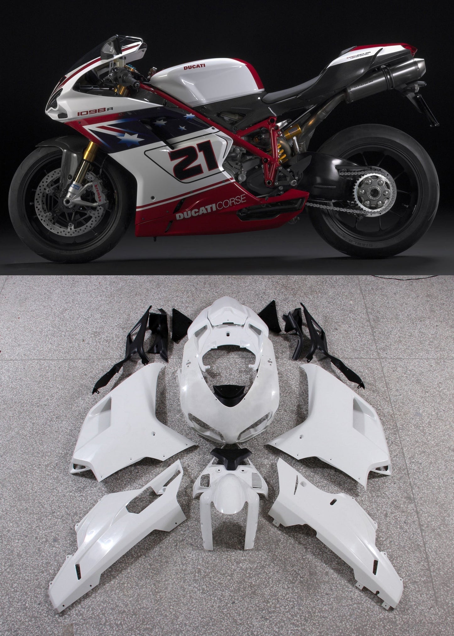 2007-2012 Fairings Ducati 1098 1198 848 White Red No.21 1098  Generic