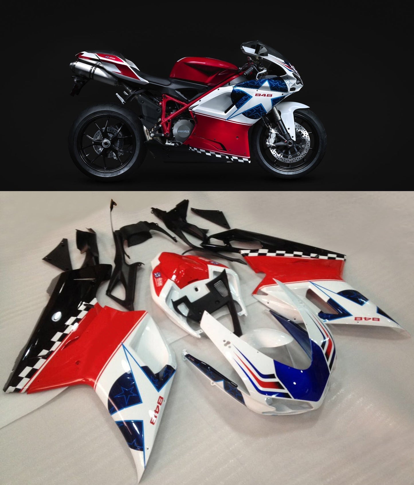2007-2012 Fairings for Ducati 1098 1198 848 Red White Blue Star 848  Generic