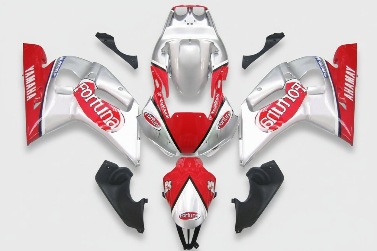 Motorcycle bodywork pieces with 'Fortuna' and 'Yamaha' branding on a white background