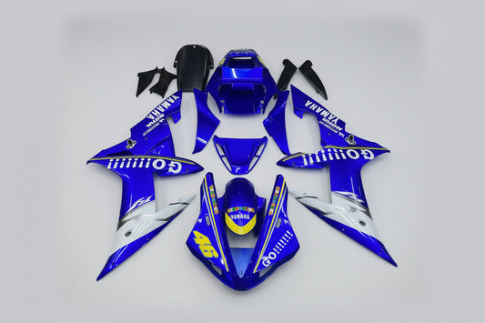 Blue motorcycle body kit with branding on a white background
