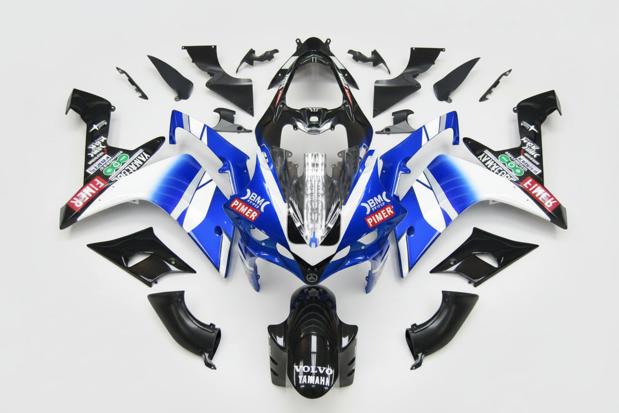 Motorcycle bodywork with branding on a white background