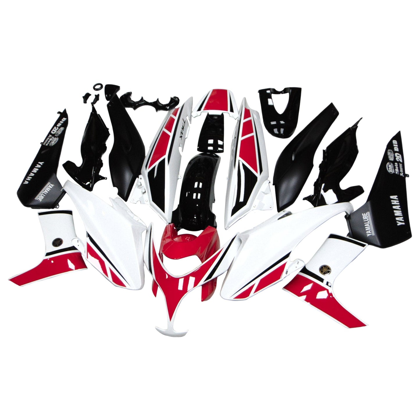 Motorcycle body panels with red, black, and white design on a white background