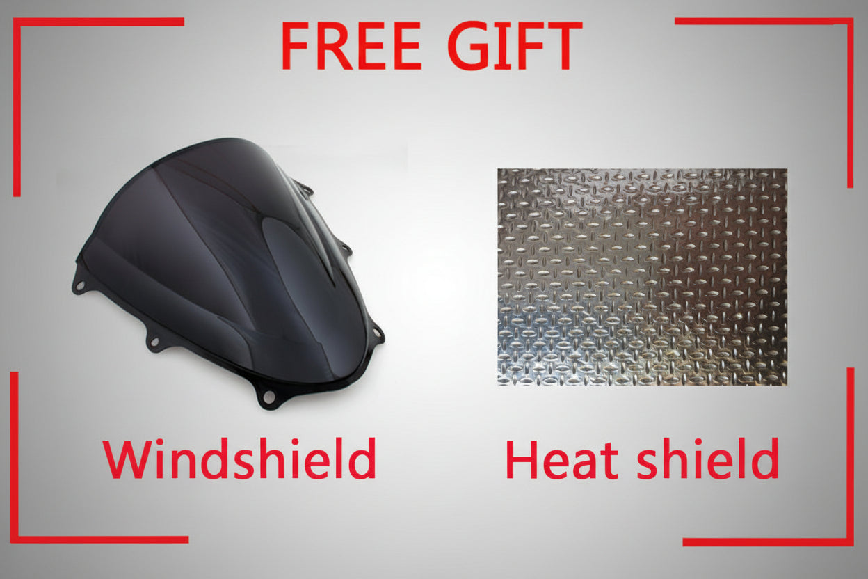 Motorcycle windshield and heat shield with 'Free Gift' text on a white background
