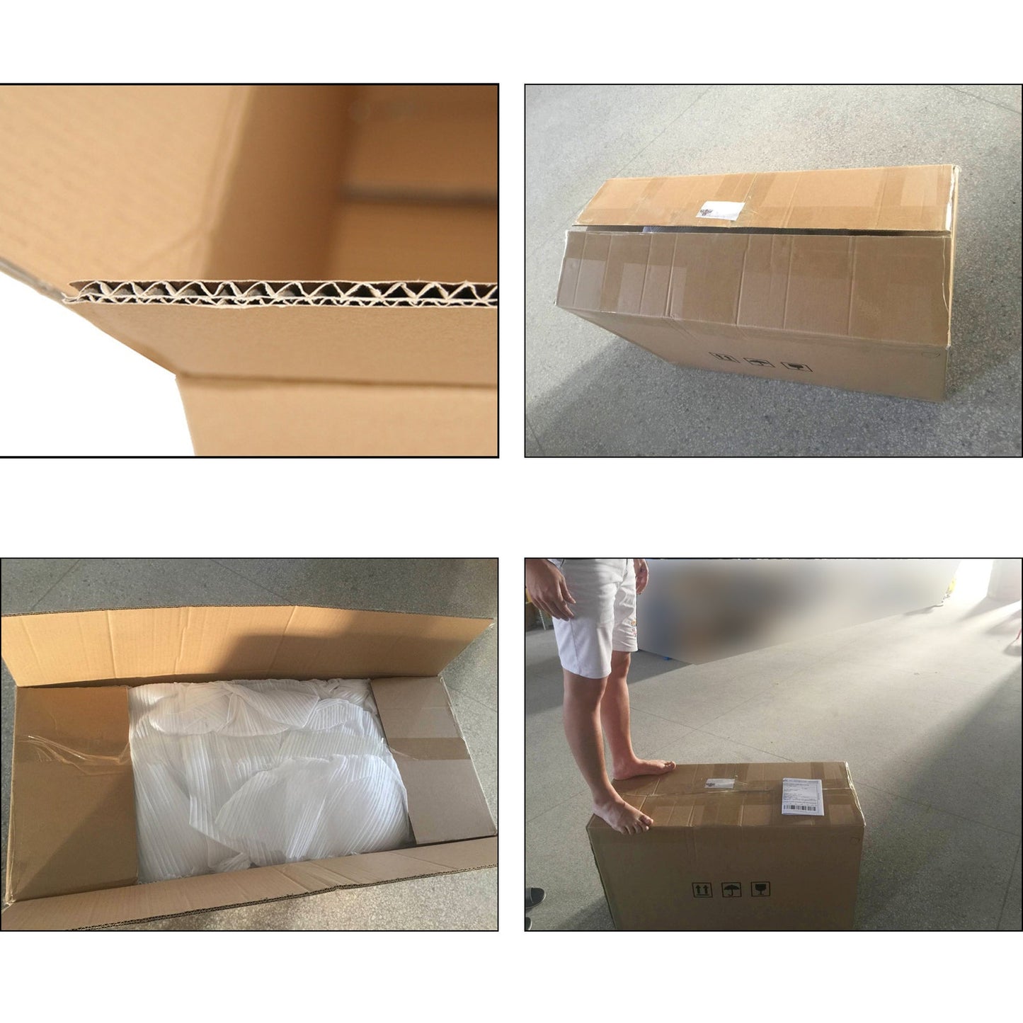 Collage of a cardboard box with different views and a person interacting with it.