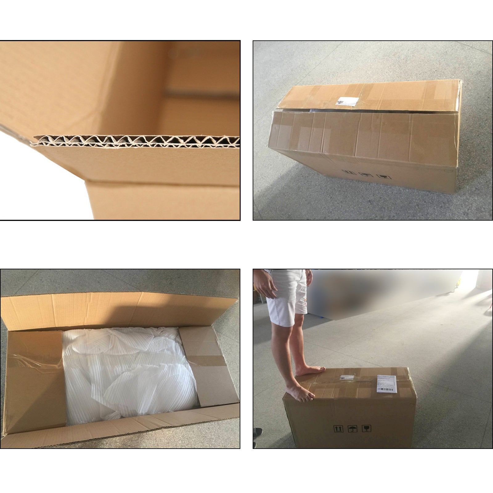 Collage of a cardboard box with different views and a person interacting with it.