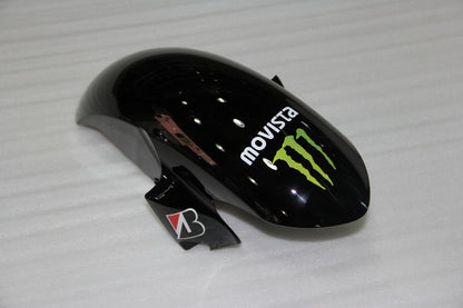 Black motorcycle fender with Movistar and Bridgestone logos on a white background