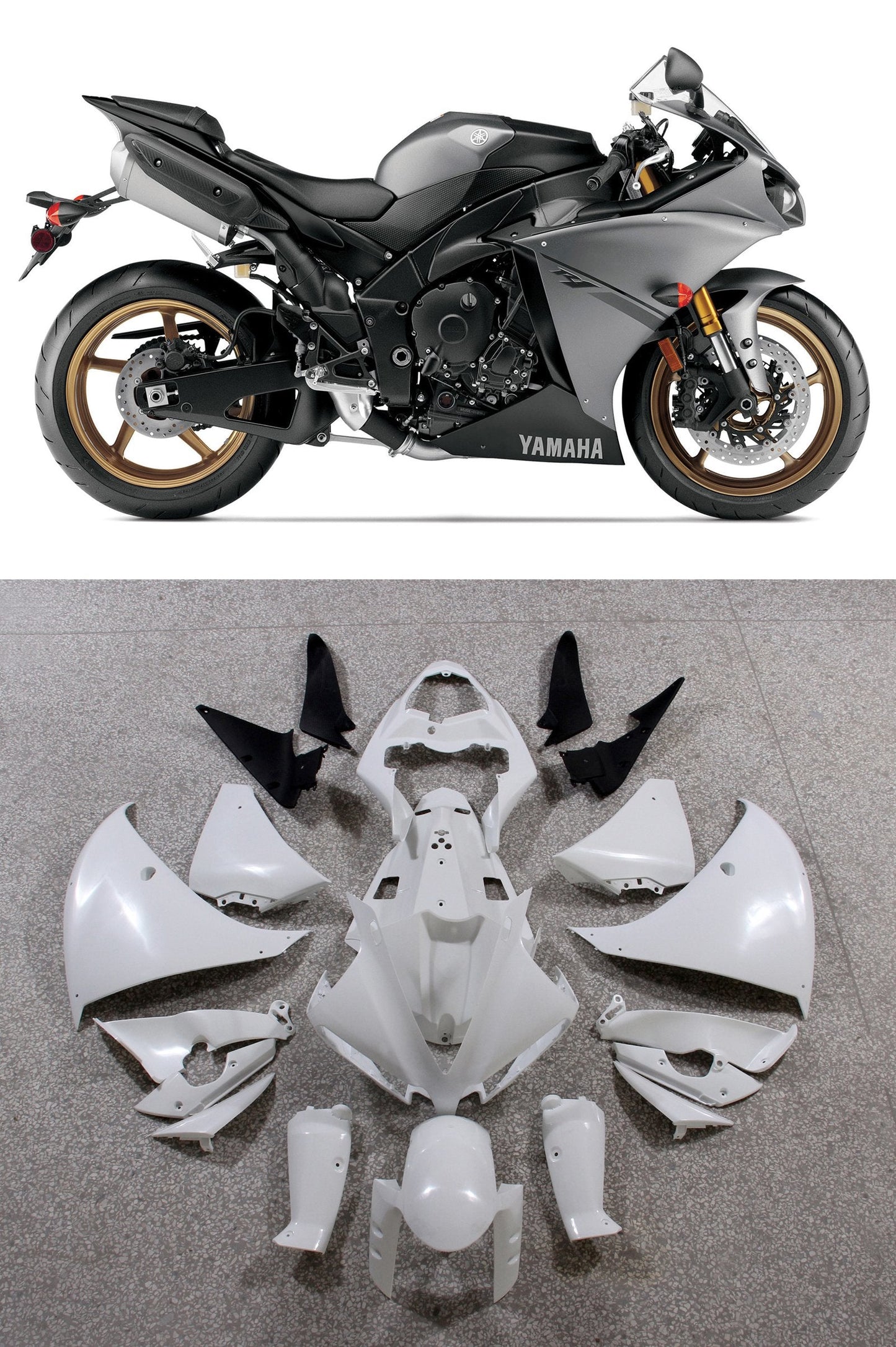 Yamaha motorcycle with white body parts on a gray background