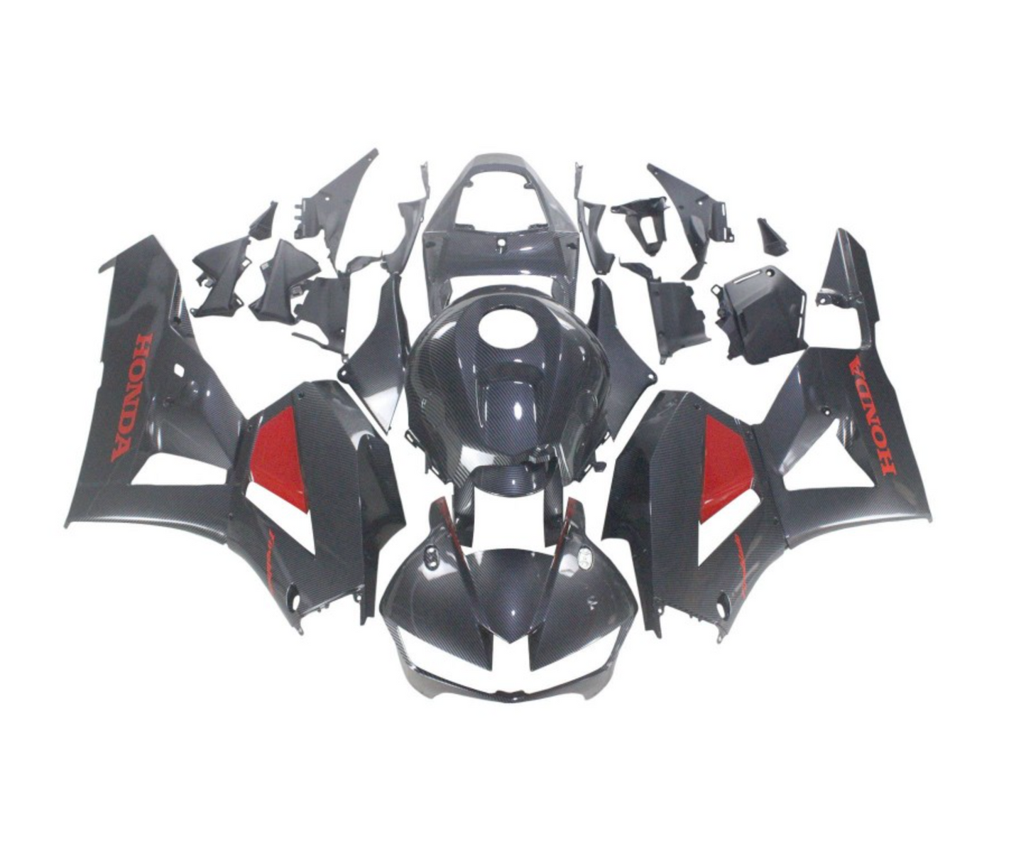 Motorcycle bodywork pieces with 'HONDA' branding on a white background
