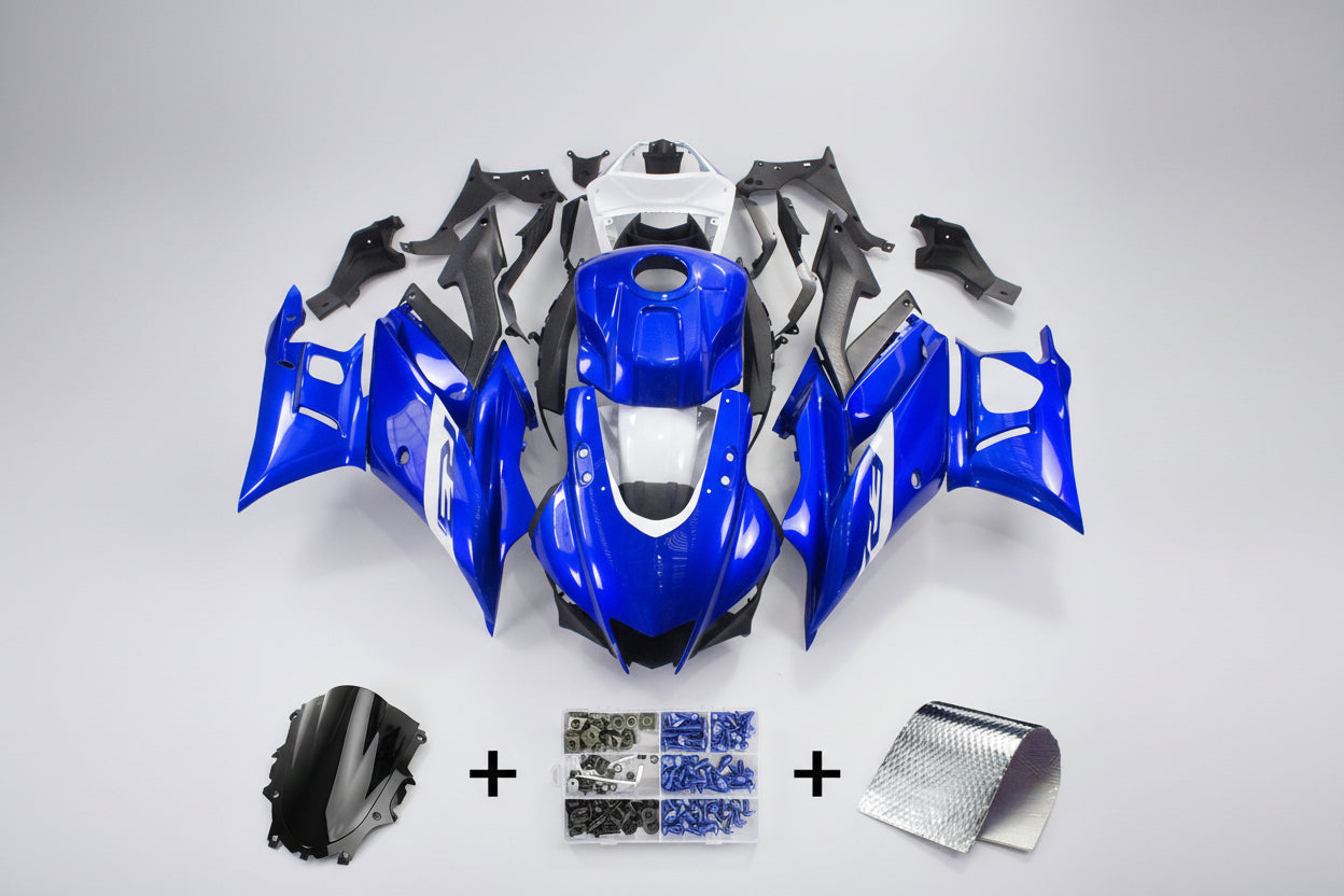 Blue motorcycle bodykit with accessories on a white background