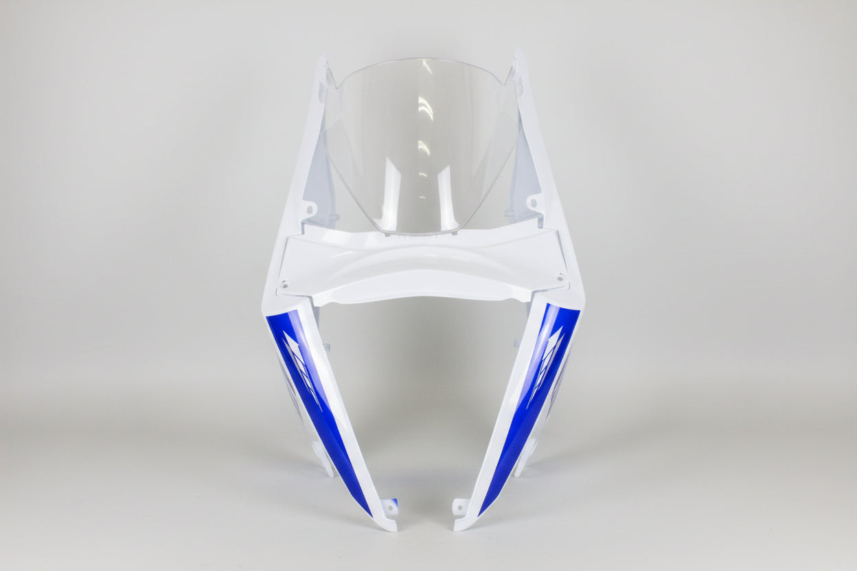 White and blue motorcycle frame on a white background