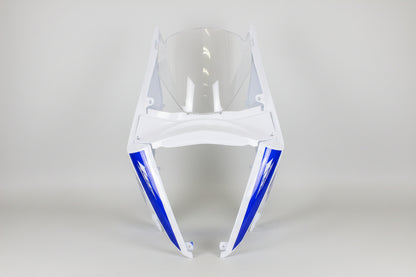 White and blue motorcycle frame on a white background