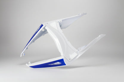 White and blue motorcycle fairing on a white background