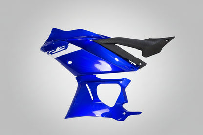 Blue motorcycle fender and black cover on a white background