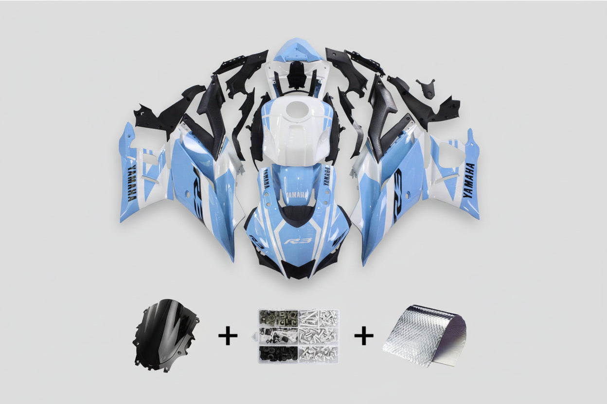 Motorcycle bodywork kit with Yamaha branding in blue and black on a white background