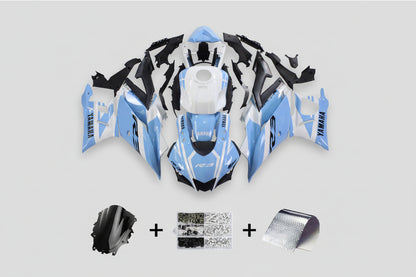Motorcycle bodywork kit with Yamaha branding in blue and black on a white background