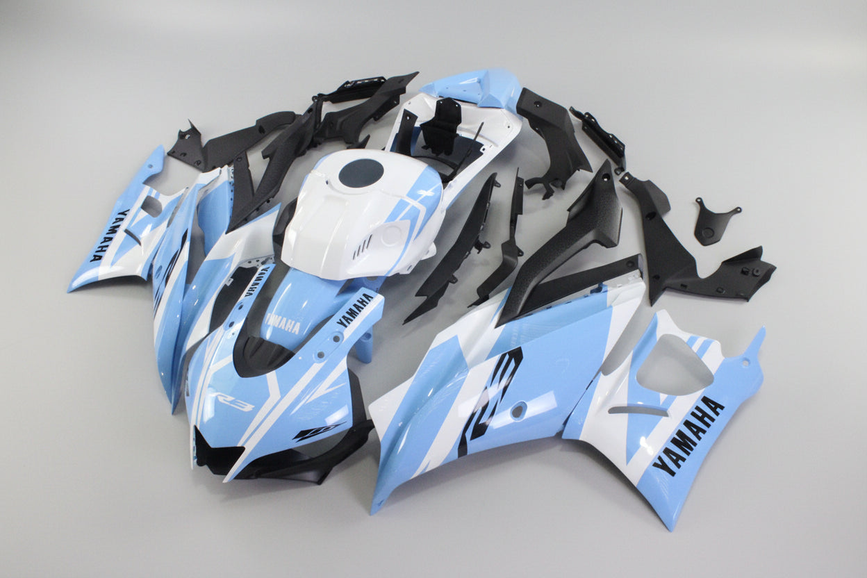 Motorcycle bodywork pieces with Yamaha branding on a white background