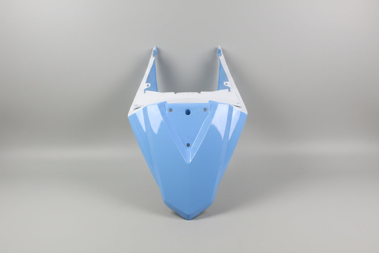Blue motorcycle windshield with white top section on a white background