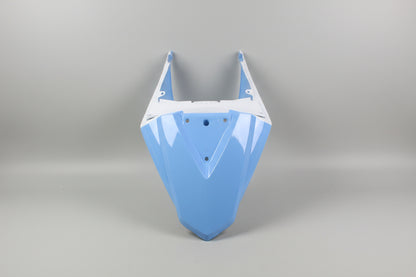 Blue motorcycle windshield with white top section on a white background