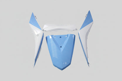 Blue and white motorcycle fairing parts on a white background