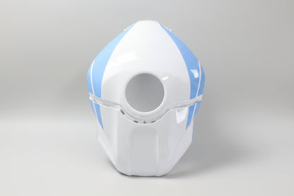 White and blue helmet with a circular opening on a white background
