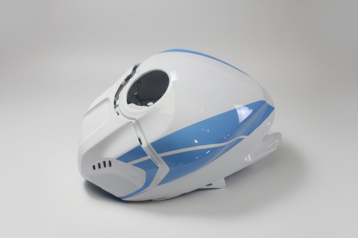 White and blue motorcycle fairing on a white background