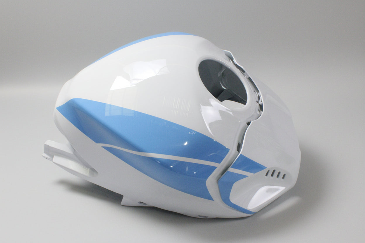 White and blue motorcycle fairing on a white background