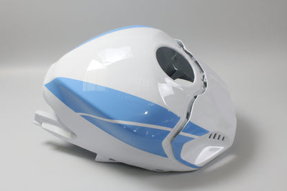 White and blue motorcycle fairing on a white background