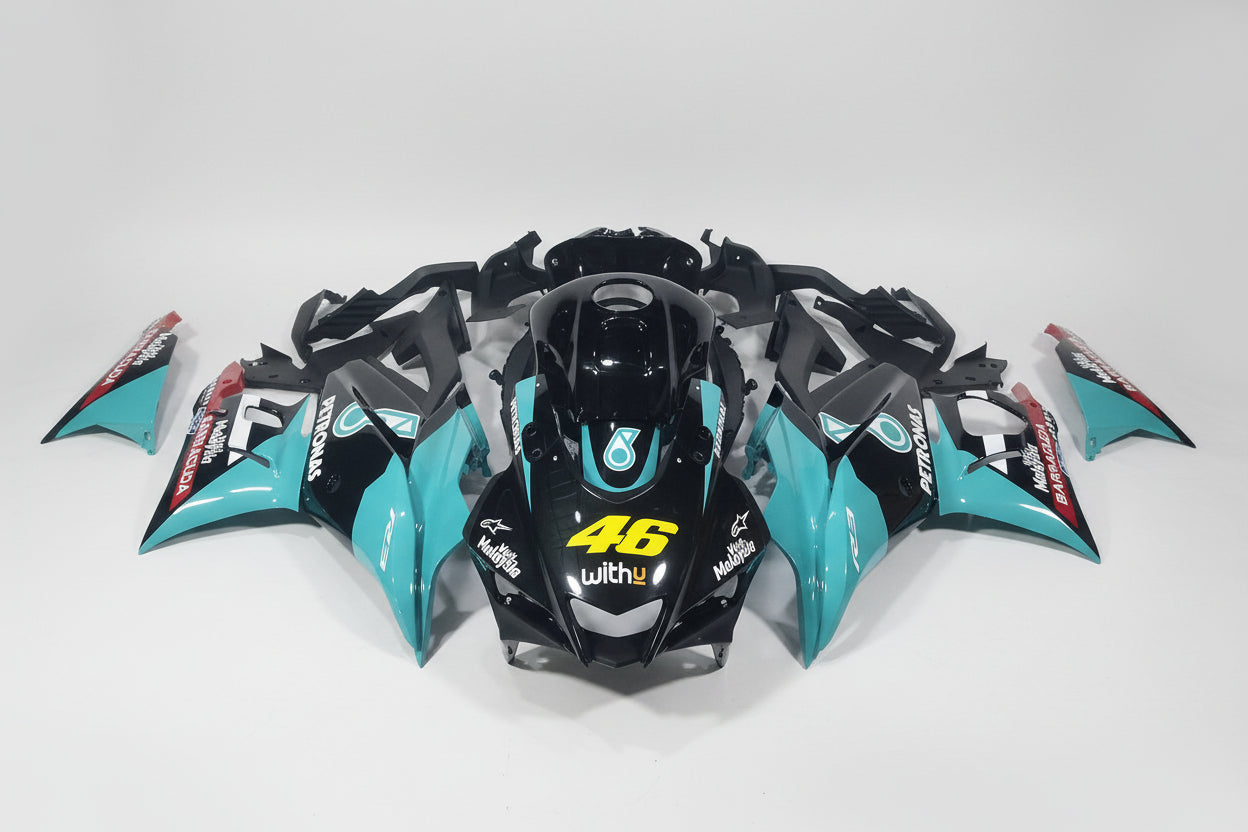 Motorcycle bodywork with branding on a white background