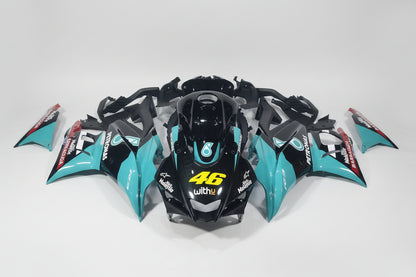 Motorcycle bodywork with branding on a white background