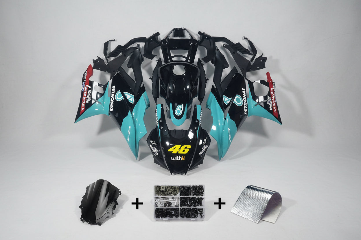 Motorcycle bodywork kit with Petronas and VR46 branding on a white background