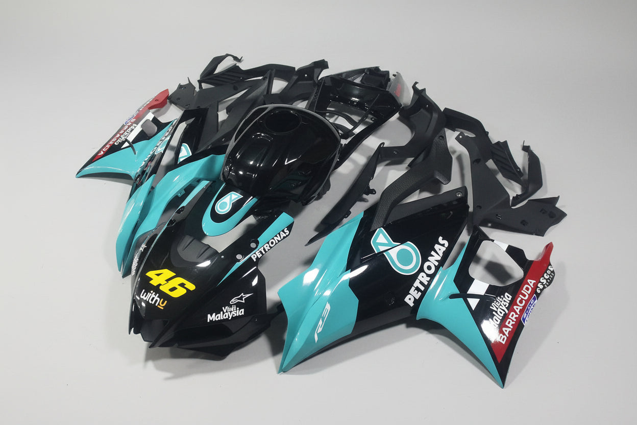 Motorcycle bodywork pieces with branding on a white background