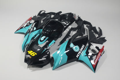 Motorcycle bodywork pieces with branding on a white background