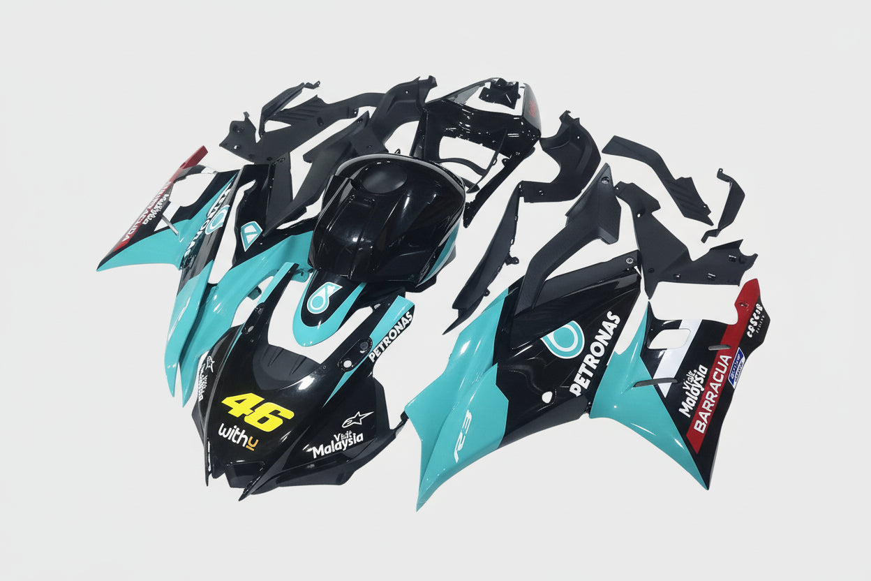 Motorcycle bodywork pieces with branding on a white background