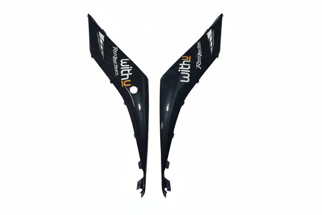 Two black motorcycle fairing panels with 'withU' branding on a white background