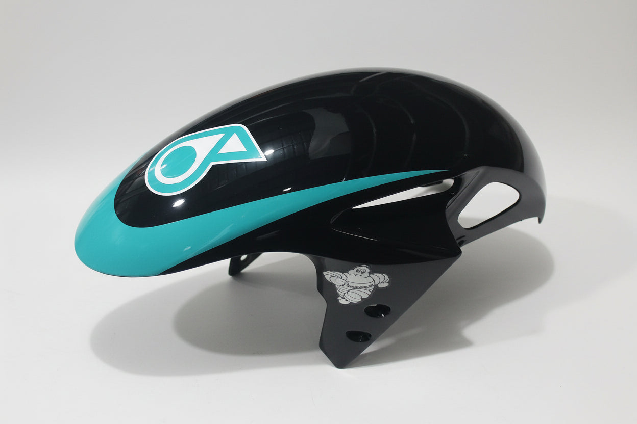 Motorcycle fender with a brand logo on a white background