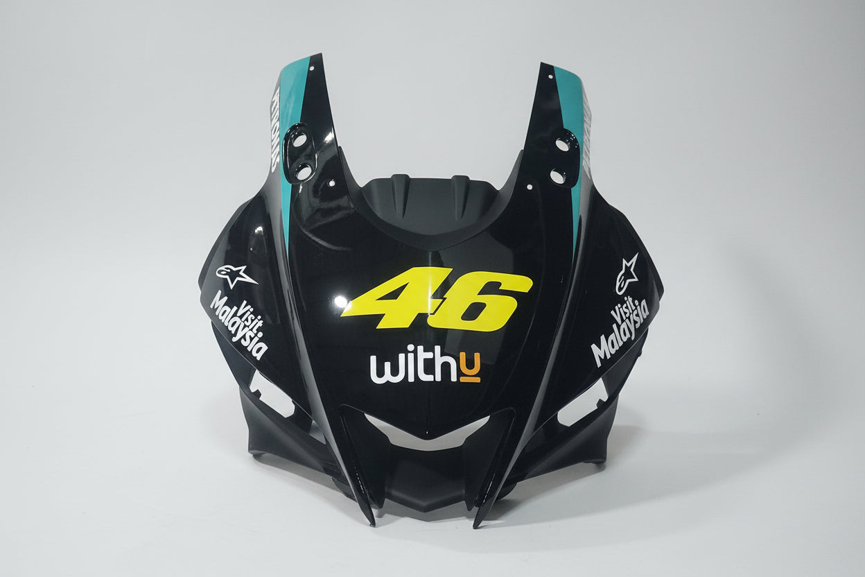 Motorcycle fairing with '46 with u' branding on a white background