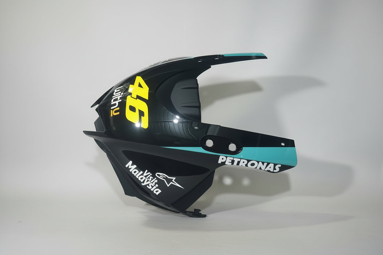 Motorcycle helmet with visible branding on a white background