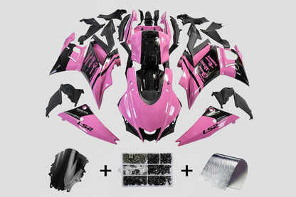 Pink and black motorcycle body kit with additional parts on a white background