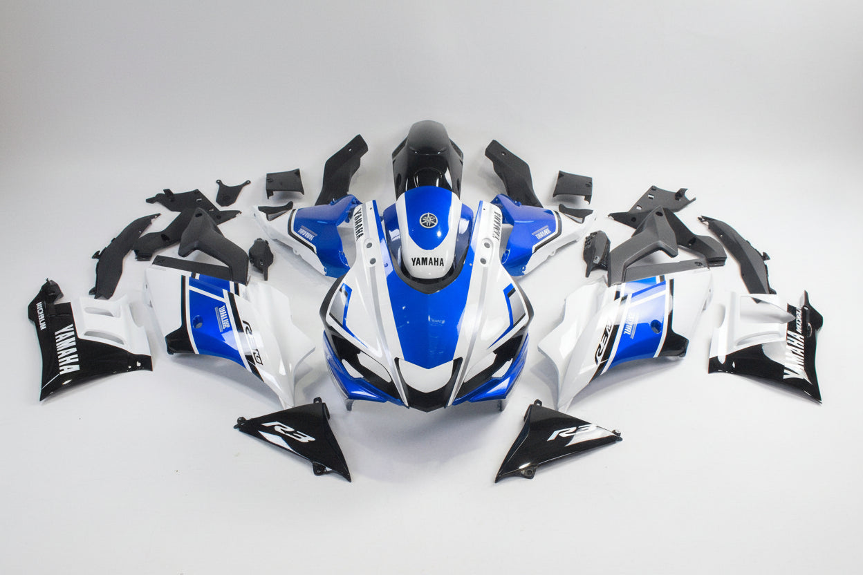 Yamaha motorcycle bodywork pieces on a white background