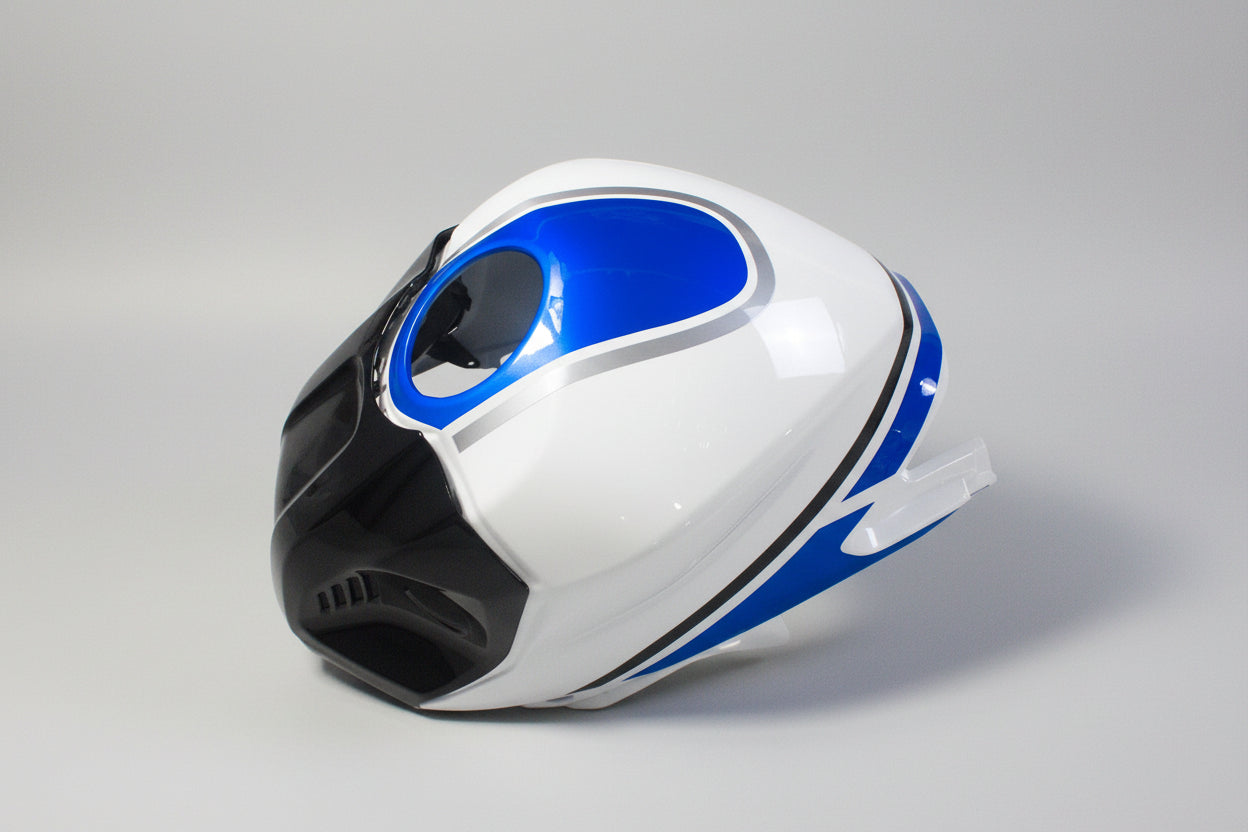 White and blue motorcycle helmet on a white background