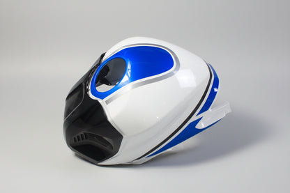 White and blue motorcycle helmet on a white background