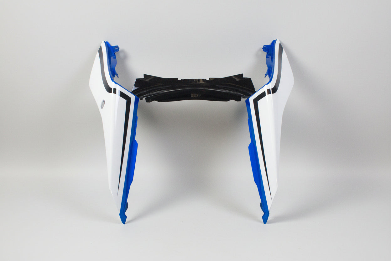 Motorcycle windshield with blue and black accents on a white background