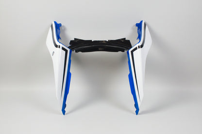 Motorcycle windshield with blue and black accents on a white background