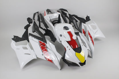 Motorcycle fairings in black, white, and red on a white background