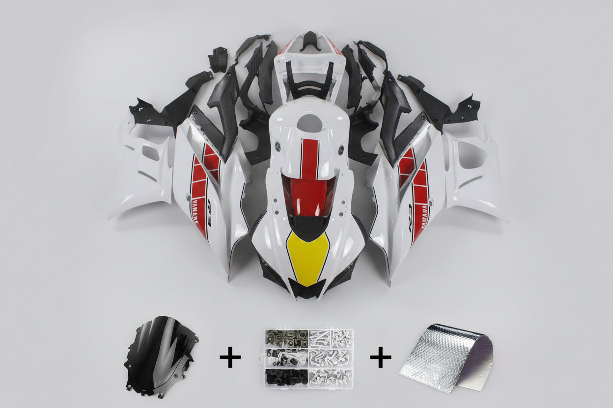 Motorcycle fairing kit with additional parts on a white background
