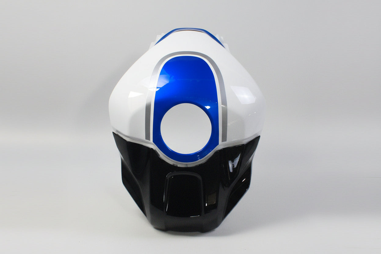White, blue, and black helmet on a white background