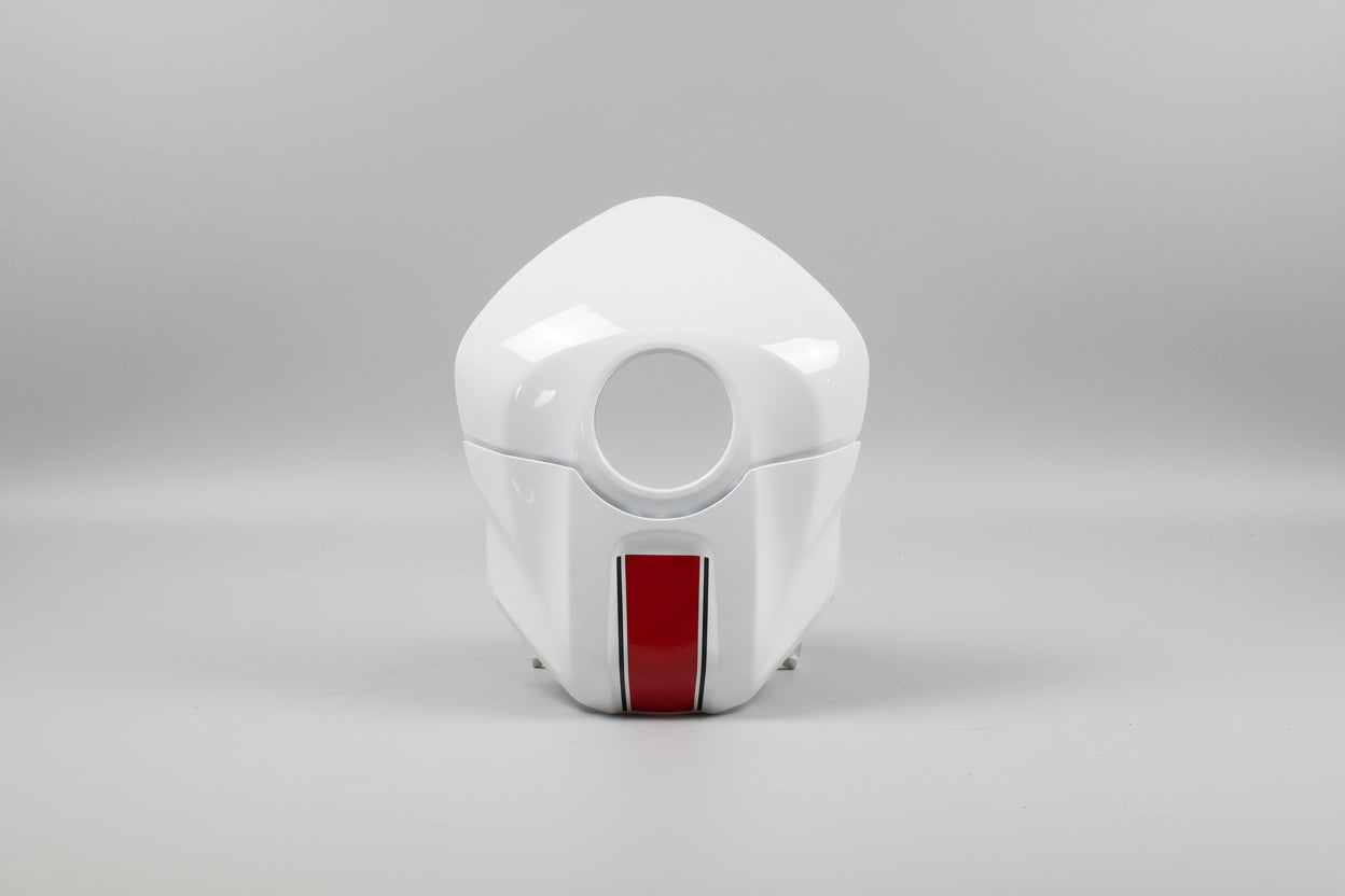 White helmet with a red stripe on a white background