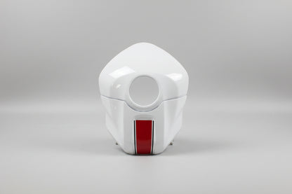 White helmet with a red stripe on a white background